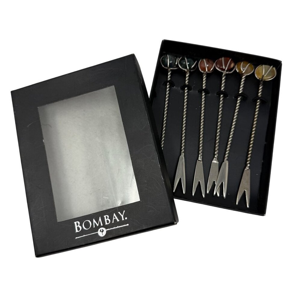 Bombay Stone Cocktail Picks Forks Stone Twisted Metal Handles Set of 6 MCM Box